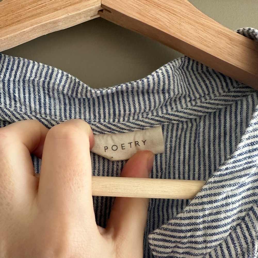 Poetry Heavyweight Linen Blue Striped Button-Front Dress Mandarin Collar - Picture 6 of 7